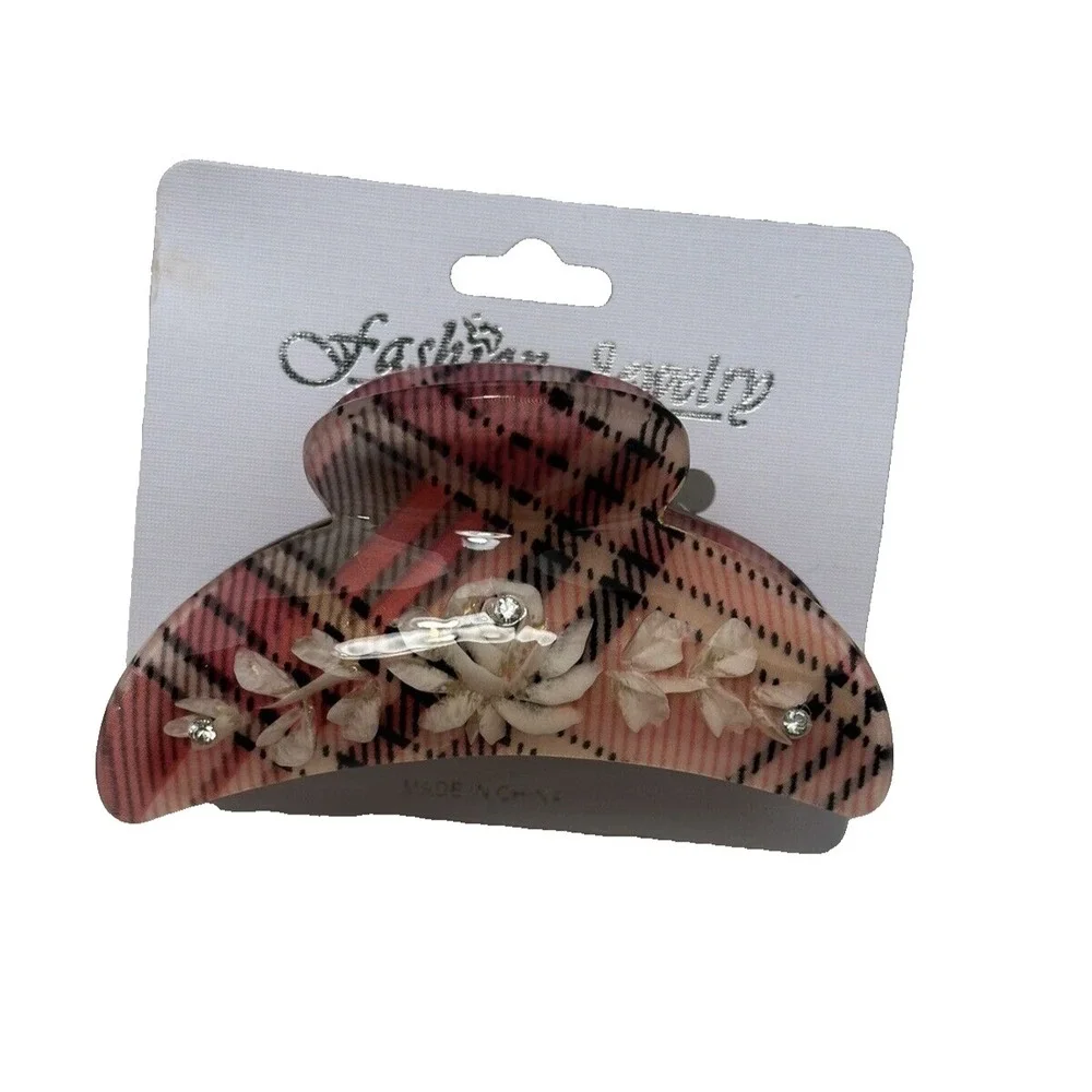 Fashion Jewelry Plaid Hair Claw Clip‎ Red Tan Tartan Floral Rhinestone Accessory